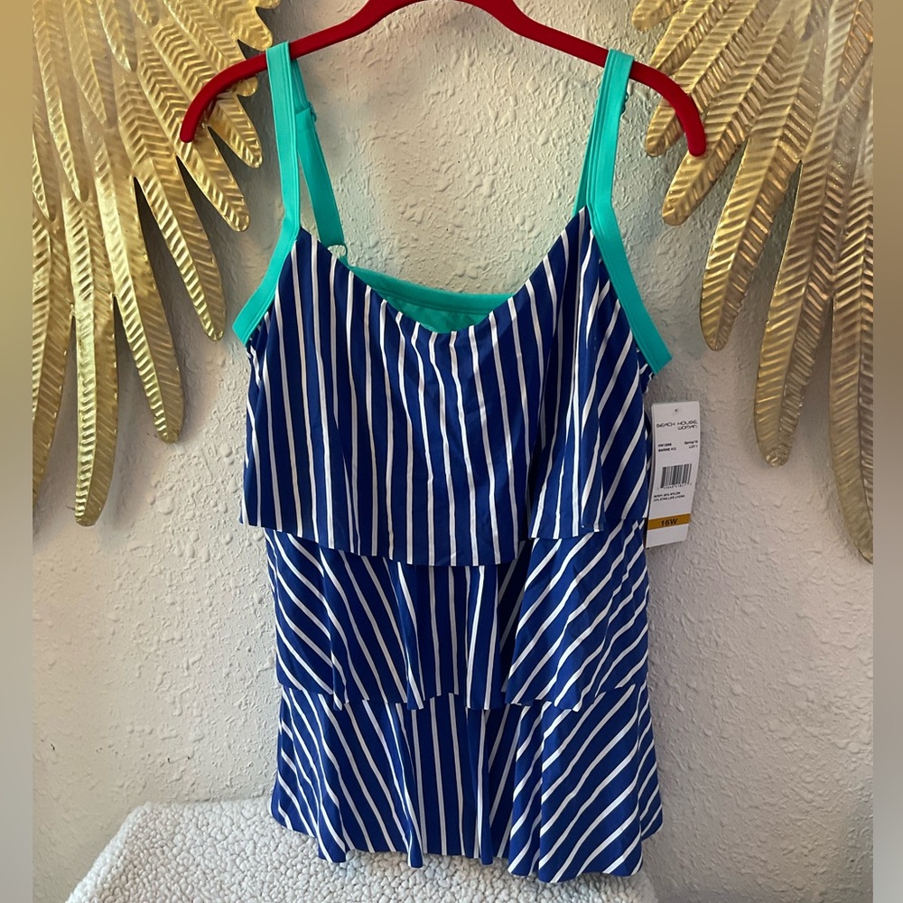 Tankini Bathing Suit Top blue aqua striped 16W modest ruffle tiers